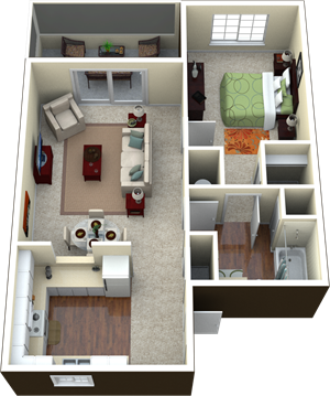 Floor plan for 1 bed, 1 bath, 876 sqft